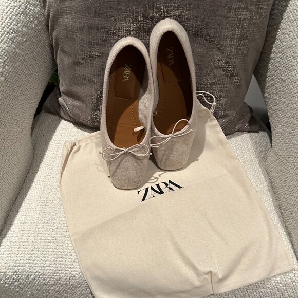 Zara Oatmeal Beige & Grey Felt Ballet Flats | Square Toe | Size 37 / US 6.5 - Picture 5 of 11